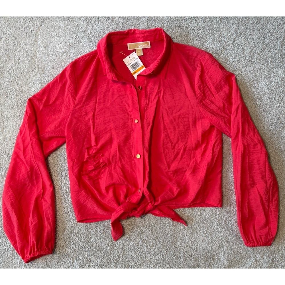 NWT Michael Kors Tie Front Blouse Coral Red Womens Size Small